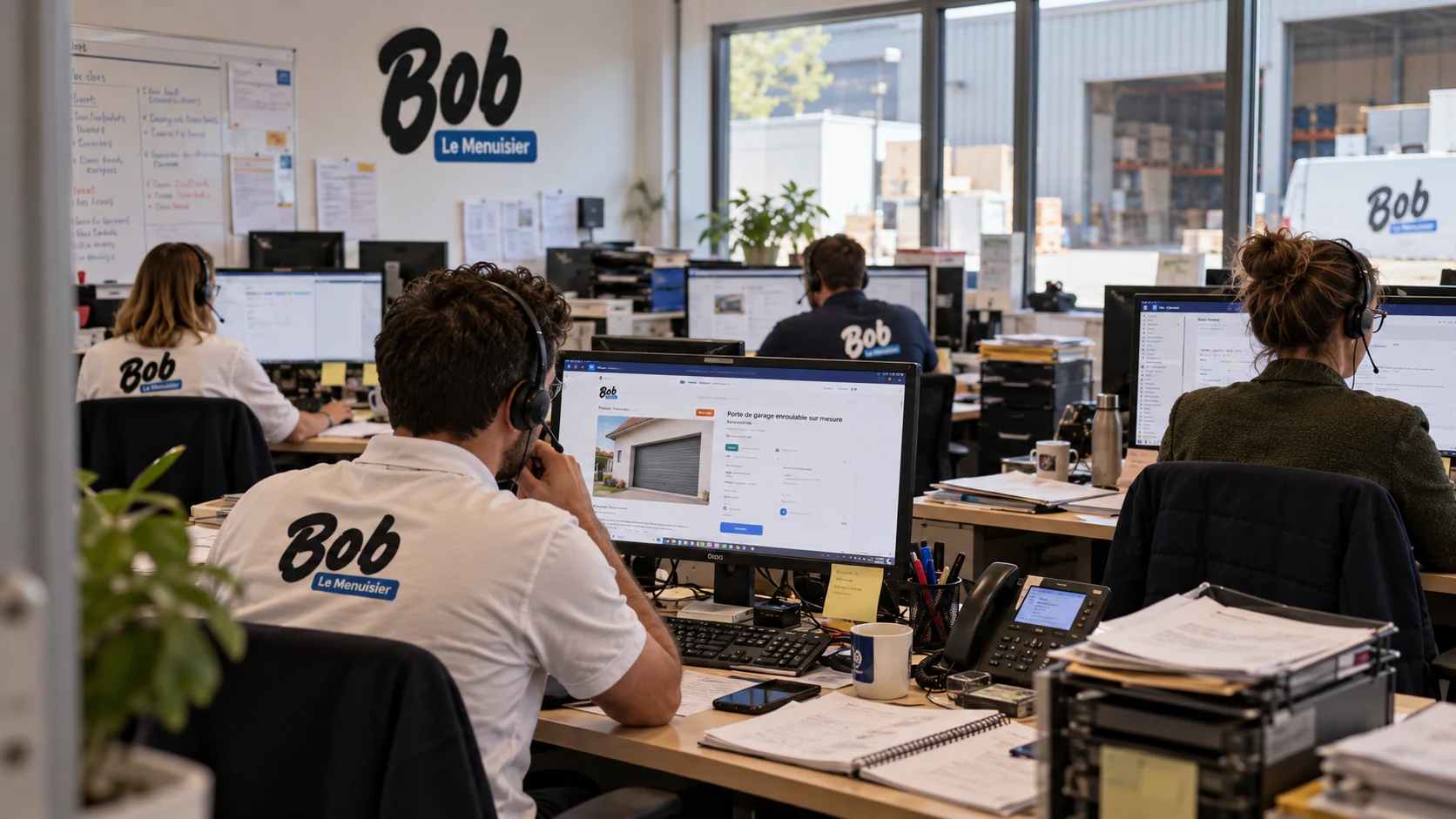 Illustration générée par IA : un plateau de conseillers en polo Bob le Menuisier, casque sur les oreilles, devant des écrans dont l’un affiche une porte de garage enroulable sur mesure ; par la fenêtre, un entrepôt et une camionnette Bob