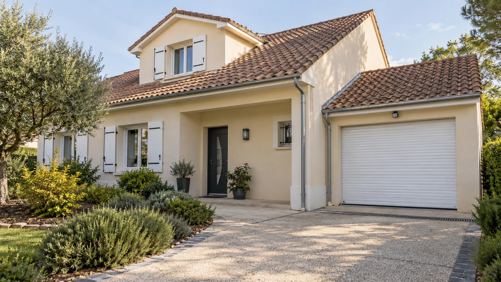 Porte de garage enroulable blanche sur une maison à étage, garage accolé