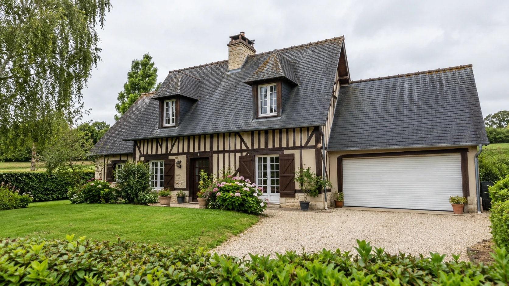 Porte de garage enroulable blanche sur une maison normande à colombages