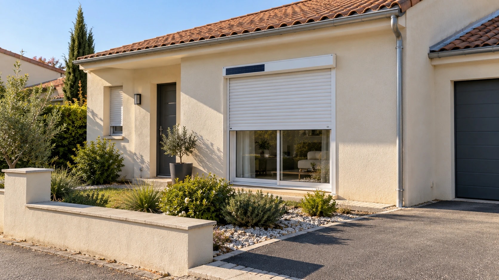 Volet roulant solaire blanc sur la baie vitrée d’une maison de plain-pied, panneau solaire sur le coffre