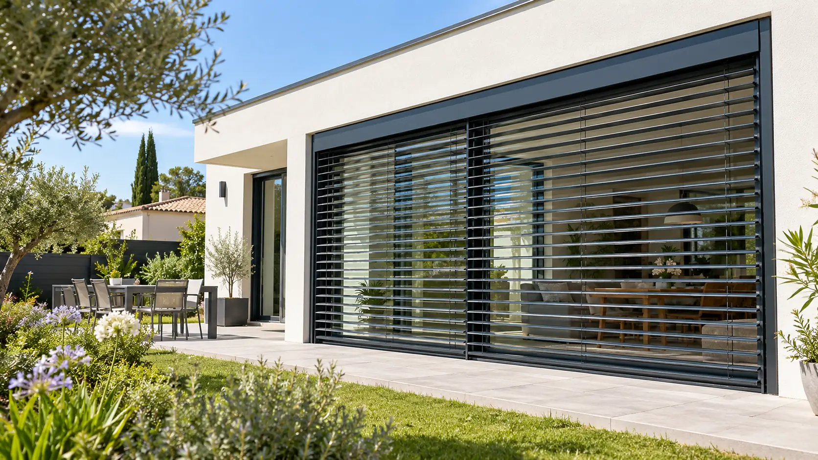 Brise-soleil orientable gris anthracite, lames orientées, devant la grande baie vitrée d’une maison contemporaine