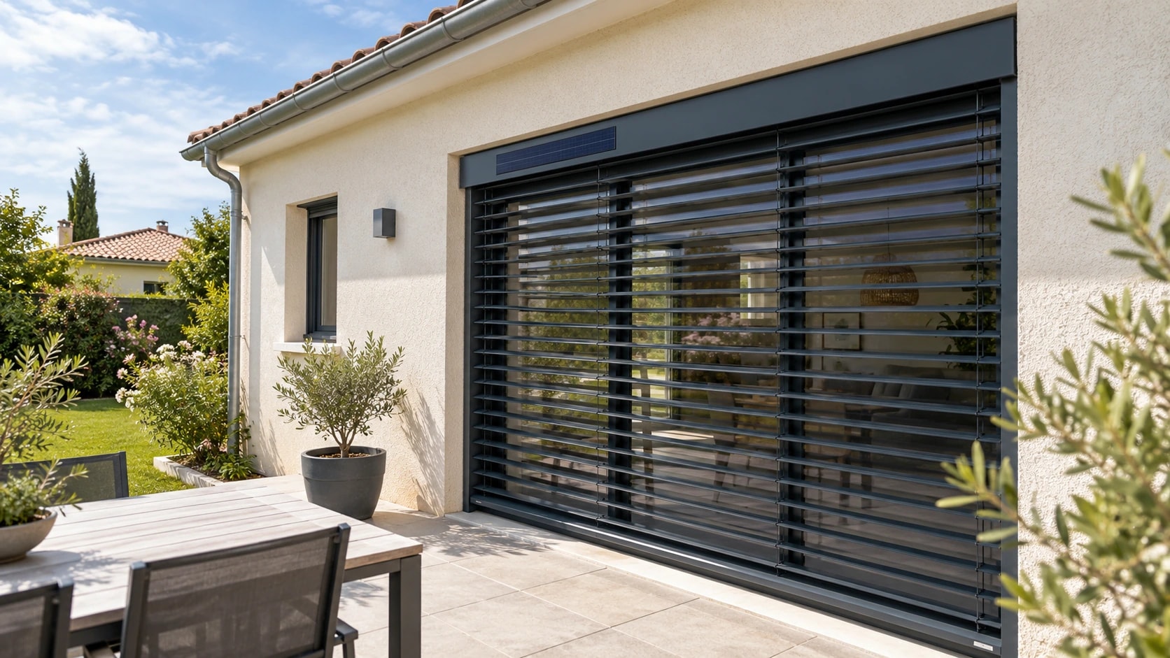 Brise-soleil orientable solaire gris anthracite, panneau solaire sur le caisson, lames orientées devant la baie vitrée d’une maison de plain-pied et sa terrasse
