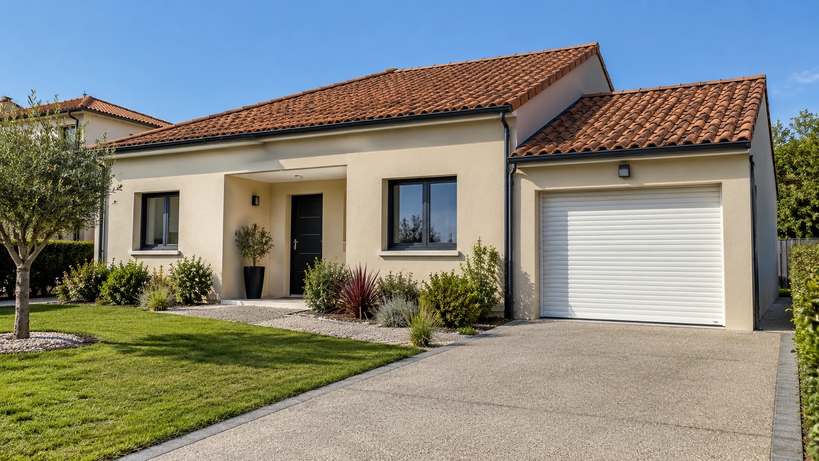 Porte de garage enroulable blanche sur une maison contemporaine de plain-pied