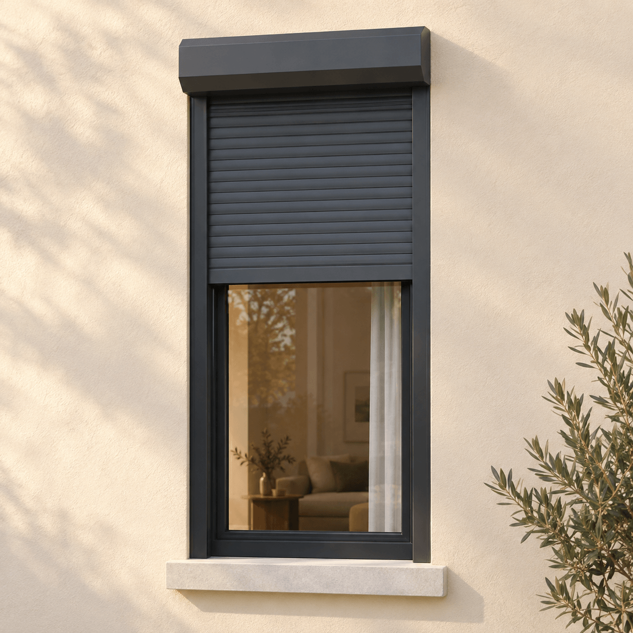 Volet roulant gris anthracite à coffre pan coupé, posé en applique sur une façade claire