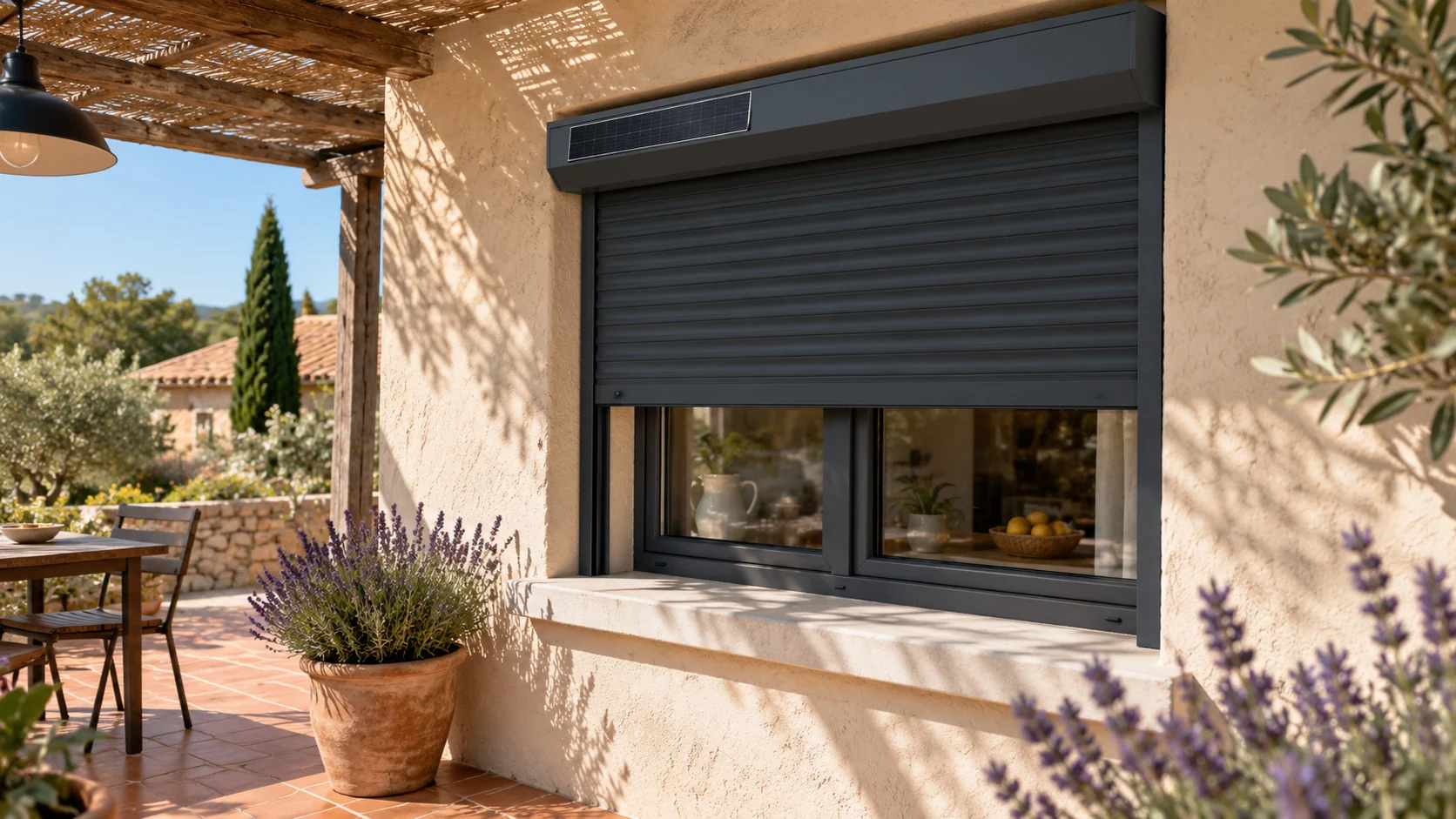 Volet roulant solaire gris anthracite sur la fenêtre d’une maison provençale, panneau solaire sur le coffre