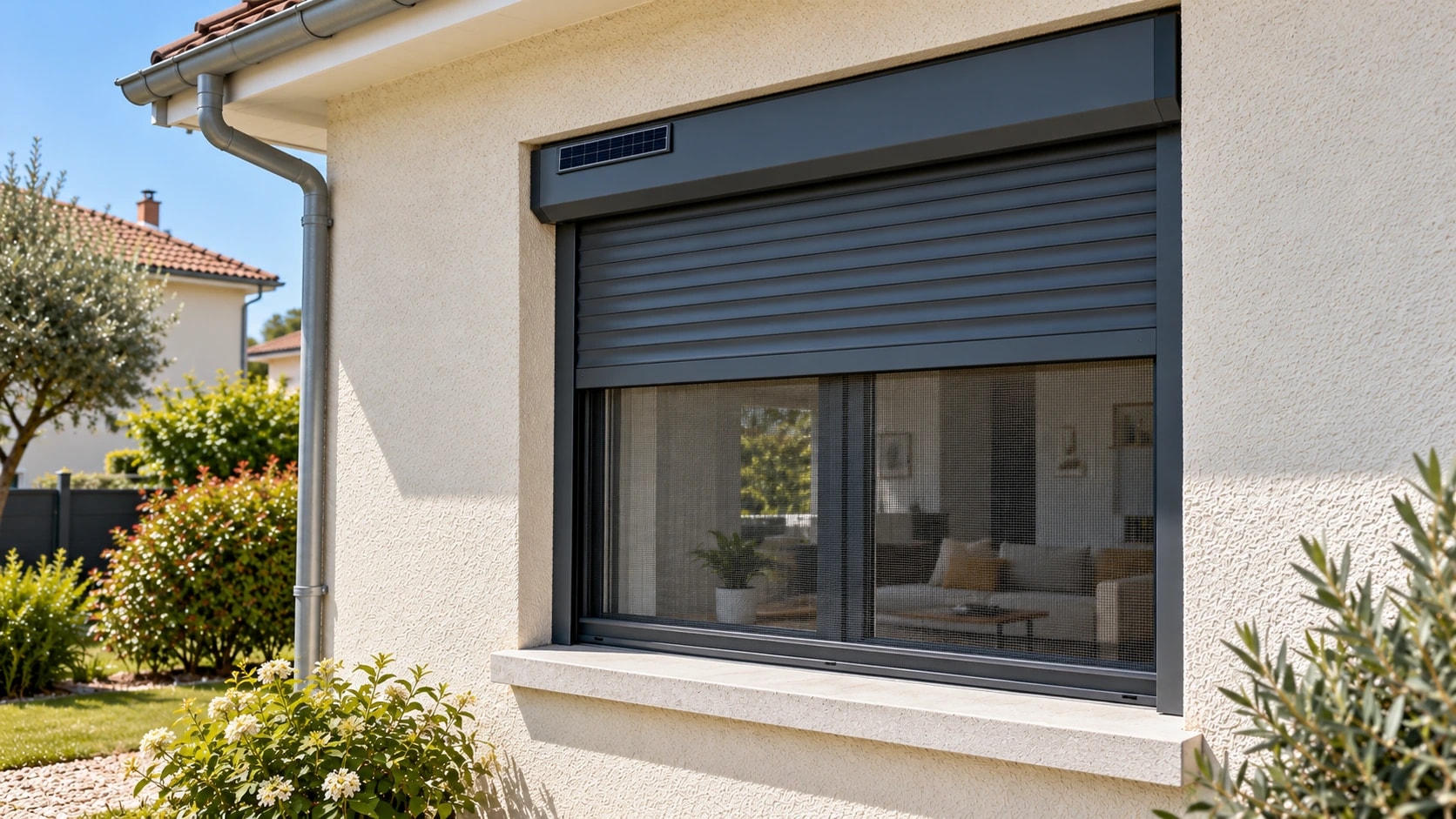 Volet roulant solaire gris anthracite, moustiquaire déroulée, sur la fenêtre coulissante d’une maison au crépi clair