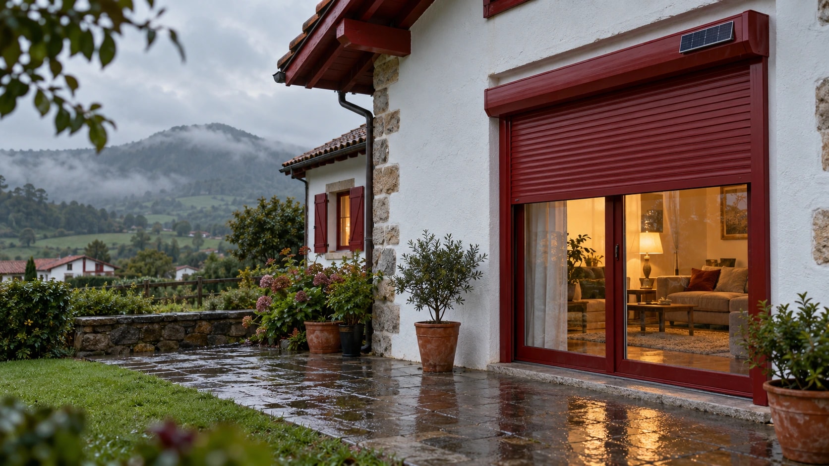 Volet roulant solaire rouge sur la baie vitrée éclairée d’une maison, un soir de pluie, panneau solaire sur le coffre